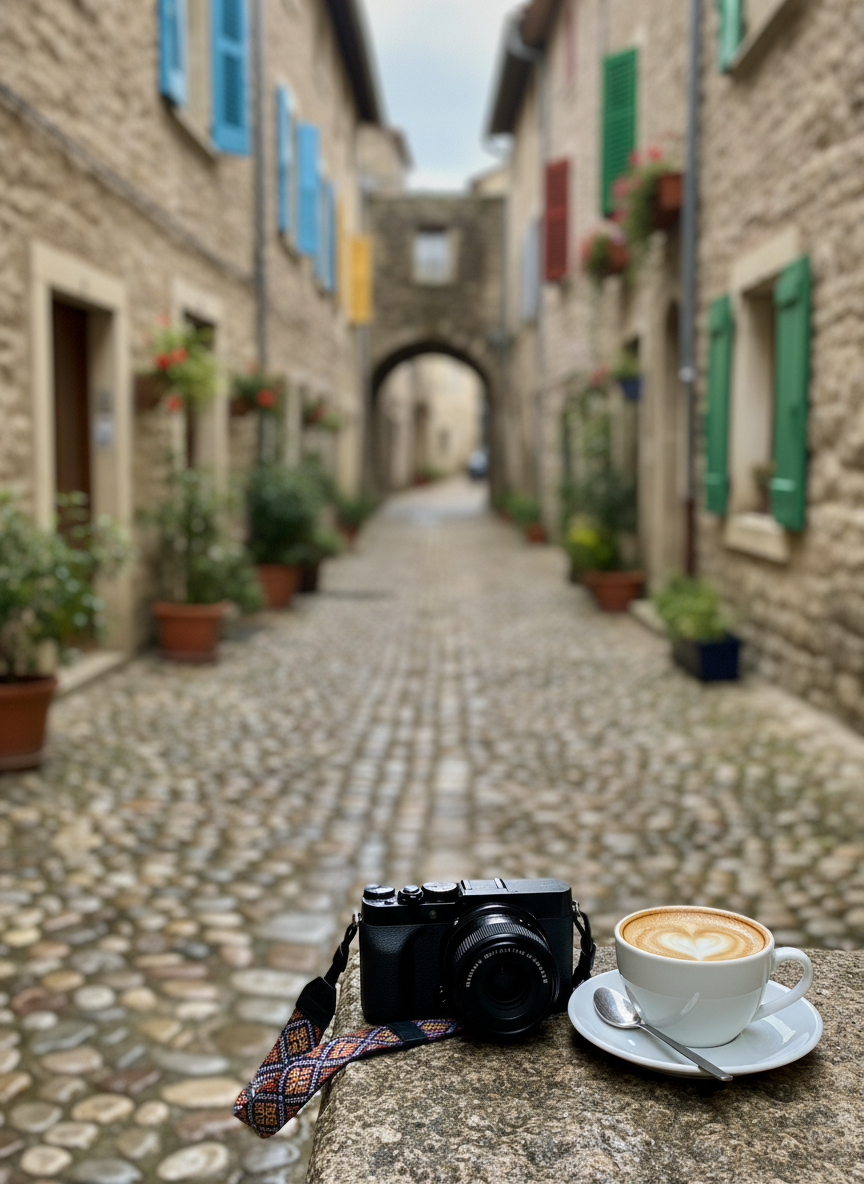 A narrow cobblestone alley in an old European town, glistening slightly from a recent rain, winds gently between weathered stone buildings with colorful shutters. In the foreground, a compact mirrorless camera with a bright woven strap rests on a stone ledge beside a half-finished cappuccino in a white ceramic cup, its foam art slightly disturbed. Overcast daylight creates soft, diffused lighting, eliminating harsh shadows and giving the scene a gentle, exploratory mood. The camera is sharply focused while the alley and distant archway fall into a creamy bokeh, suggesting endless paths to discover. Photographic realism with a playful, documentary feel, as if this is one candid moment from a three-month journey capturing hidden corners across Europe.