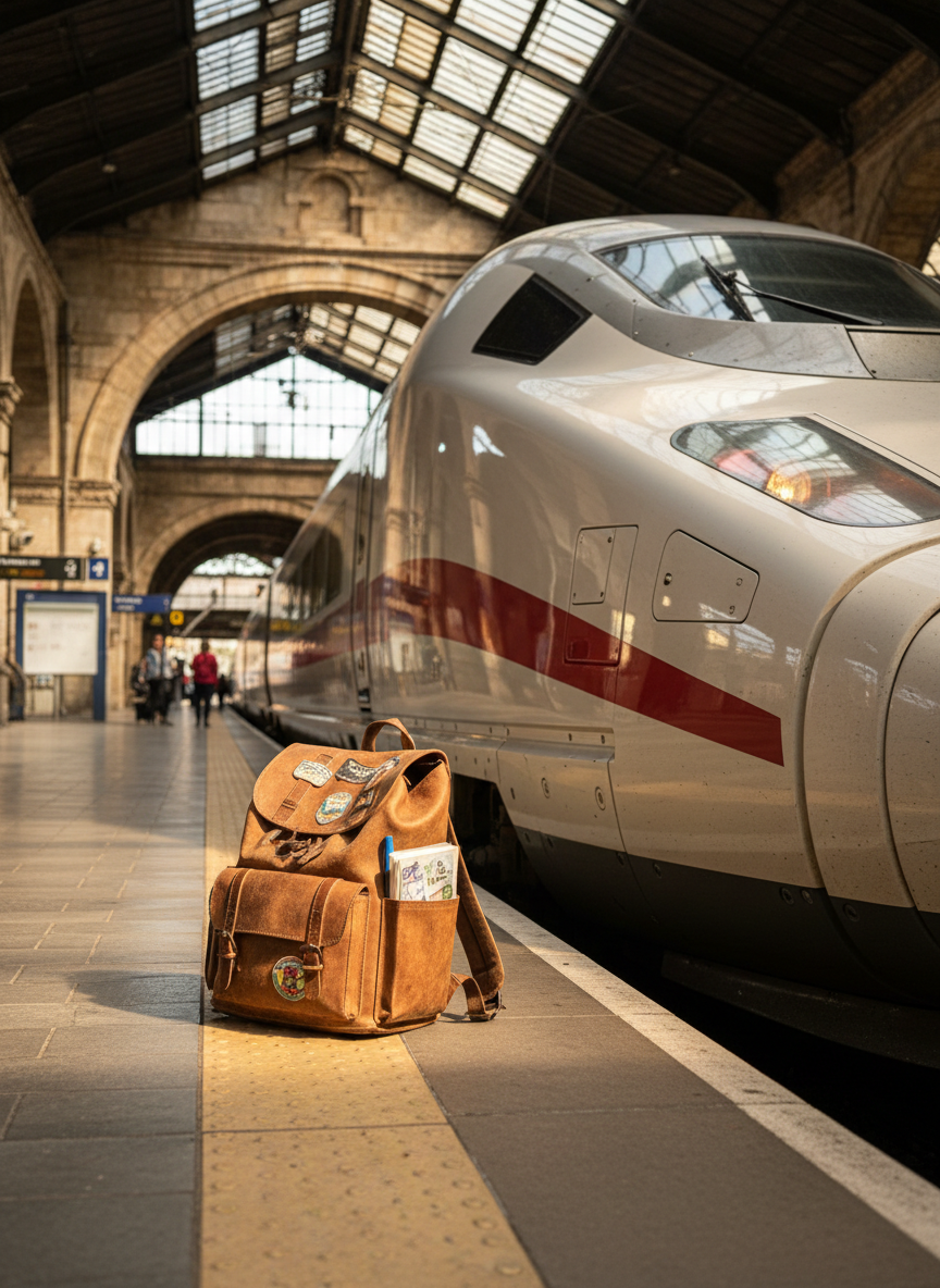 A sleek high-speed European train nose, painted in glossy white and red, waits quietly at a sunlit platform, its metallic surface catching reflections of old stone station arches. A worn leather backpack rests upright near the edge of a painted yellow safety line, with a small travel journal wedged into an open side pocket. Late afternoon light streams through the glass roof, casting rhythmic bands of brightness and shadow across the platform tiles. Captured from a low, slightly diagonal angle that emphasizes the length of the train receding into the distance, the composition uses rule of thirds to keep the backpack as a playful focal point. The atmosphere is vibrant and cinematic, evoking the start of a long European rail journey documented through authentic, photographic travel updates.