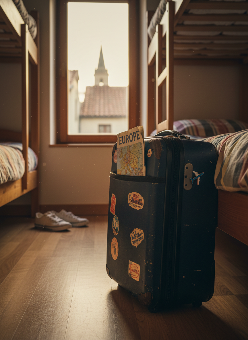 A well-traveled, scuffed carry-on suitcase leaned casually against a narrow hostel bunk, with a folded paper map of Europe tucked into an outer pocket and a small enamel pin of an airplane clipped to the zipper. The room is compact but cozy, with a high window revealing soft dawn light over tiled European rooftops. Golden morning light filters in, catching dust motes in the air and creating gentle, elongated shadows on the wooden floor. Shot at eye level with a shallow depth of field, the suitcase is in crisp focus while the background softens into a warm blur. The mood is playful and full of anticipation, in a photographic realism style that feels like the first snapshot of a three-month solo adventure.