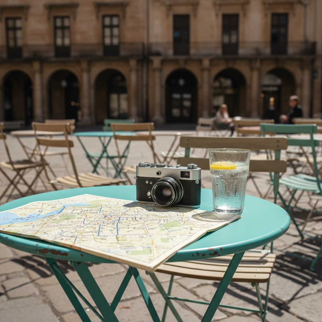 A sun-drenched café terrace on a European square, with a small round metal table painted a cheerful turquoise, slightly chipped at the edges from frequent use. On the table, a neatly folded city map with handwritten markings, a vintage-style film camera, and a glass of sparkling water with condensation beads glistening in the light create a playful travel still life. Beyond, rows of mismatched café chairs and blurred historic facades frame the scene. Late-morning sunlight casts crisp yet inviting shadows, highlighting textures of stone and metal. Shot from a slightly elevated angle with the table anchored in the lower third, the image captures photographic realism and a relaxed, exploratory mood, as though documenting a spontaneous pause during a solo European wander.